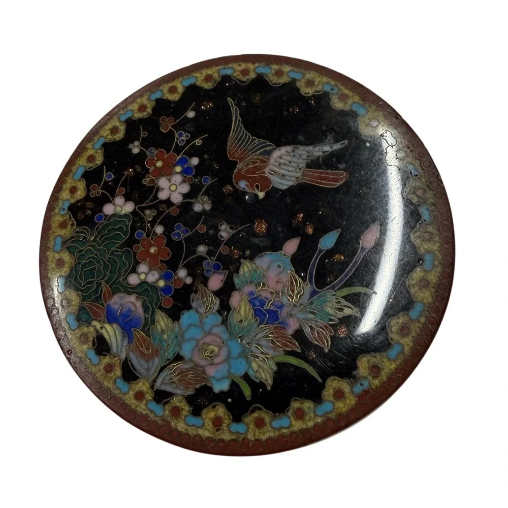 Vintage Chinese Cloisonne Enamel Trinket Box Bird Floral Black Blue Brass Round